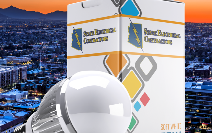 LED light bulb mock up with State Electrical Contractors logo on the box
