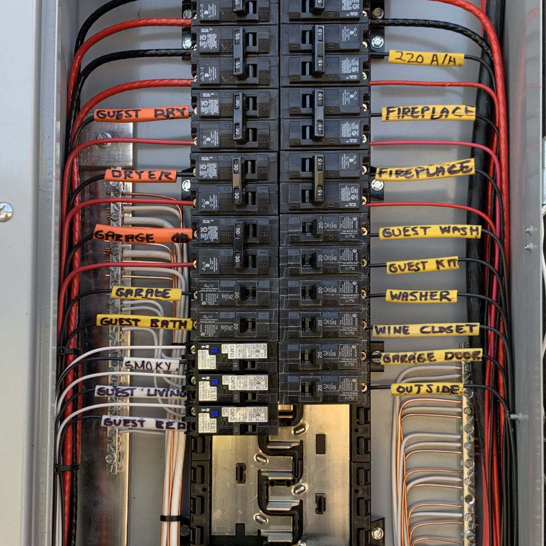 Circuit-Panel-Labels Labeled residential electrical panel with organized circuit breakers for circuit mapping, breaker labeling, and panel inspection in Phoenix, AZ.